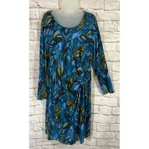 J Jill Wearever Collection Stretch Dress XL Blue Abstract Leaf Print Gathered